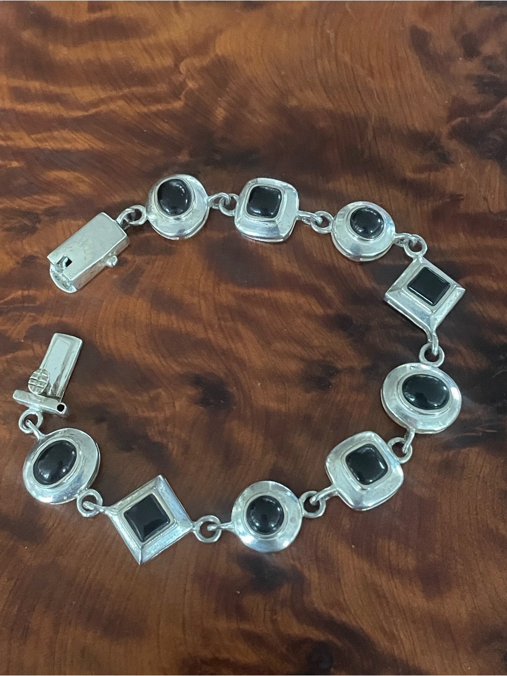 Vintage Sterling Silver 925 Black Onyx Link Bracelet w secure clasp 7-71/4 inch